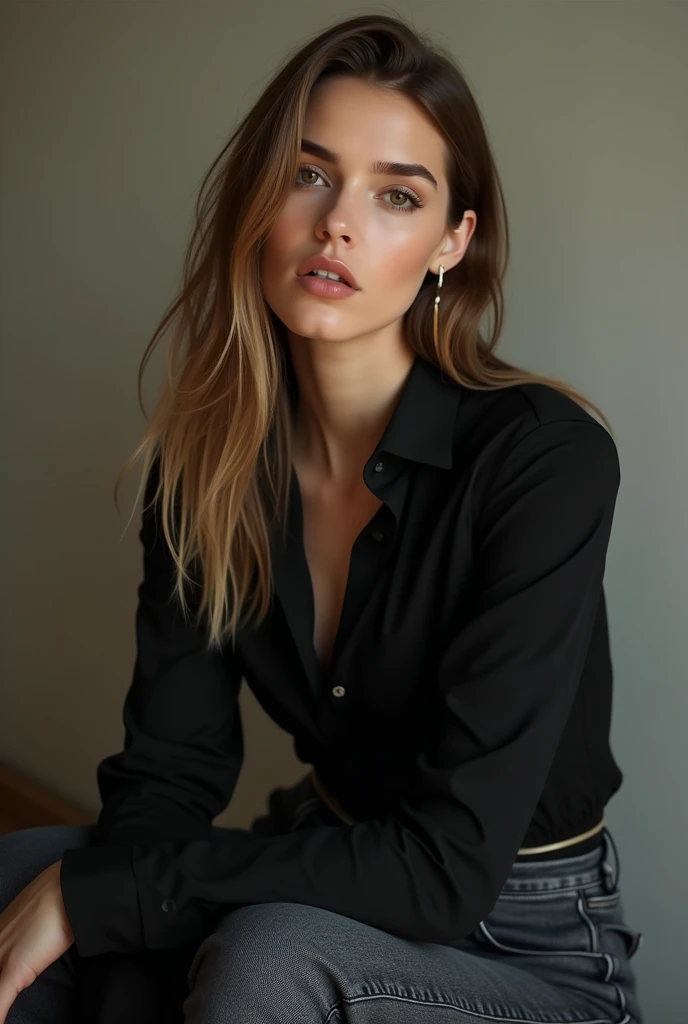 White woman, wearing jeans and a black dress shirt, long light brown hair, leased face , large lips, eyes browns, from actress Kaya rose scodilaria 
