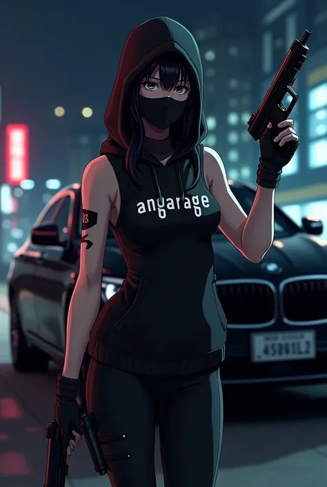 A woman with black balaclava,black hoodie,angarage text on hoodie,Gun in hand,in the background BMW 7 Series in black,city at night,アニメ,sleeved,アニメ,angarage text,full face mask