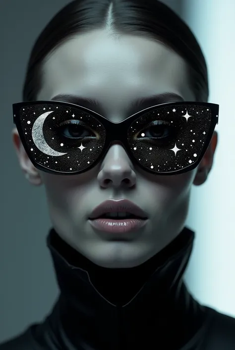 The model is wearing glass sunglasses with stars and the moon on the glass.