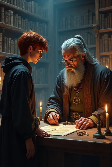 "In the ancient, candlelit library, Azrath Luminaris, a young 1 wizard with reddish hair and deep black eyes, is standing in front of a table. He looks anxious and determined, wearing wizard clothes typical of his age. In front of him, Faelorn Elrond, a 9 ...