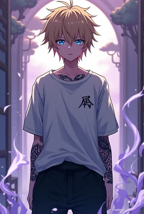 anime boy, stoner, ((with dark blonde hair)), ((blue demonic eyes)), ((and intricate oni tattoos)), black cargo pants, loose white tee, emerging from a japanse environment, ((white-purple accents)), intense expression, sharp focus, high detail, abasterpiec...