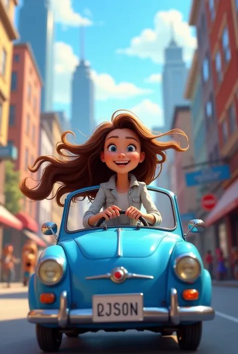 girl with long hair, smiling, driving in a blue car, view of the city in the background, Pixar style animation, 