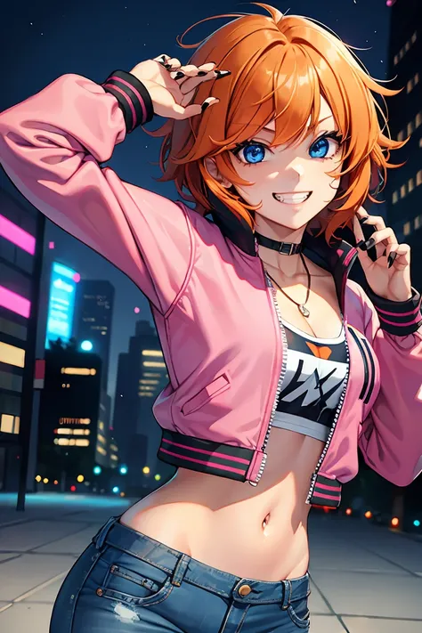 solo, 1girl, young, orange hair, short hair, messy hair, blue eyes, eyeliner, grin, half-body, pink bomber jacket, blue jeans, black nails, night, city