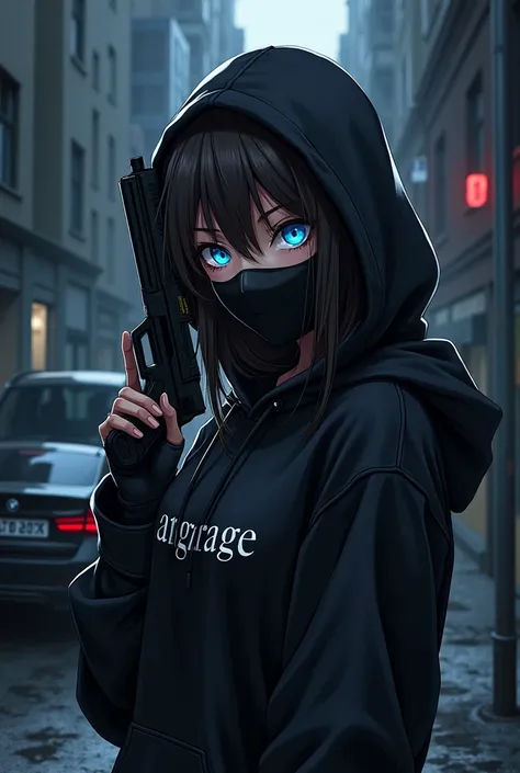 Girl with black black mask on full faces,black clothing,angarage text on hoodie,hold gun in the hand,black bmw in background,dark city,manga,anime,blue eyes