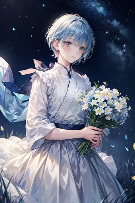 Boy holding flowers in the moonlight，Wind，alone，hansome，indifferent，short hair，blue眼睛，blue，blush，animation