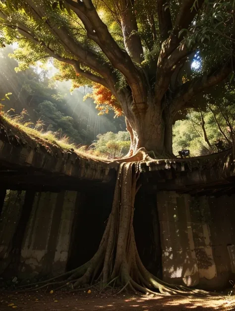 Super giant tree on the edge of a cliff , many fruits, light, wide cup, very long branches, giant leaves, many giant fruits, trunk that splits into 4 parts in the middle of the tree, Giant roots spread over the ground level and descending over the hill, Wa...