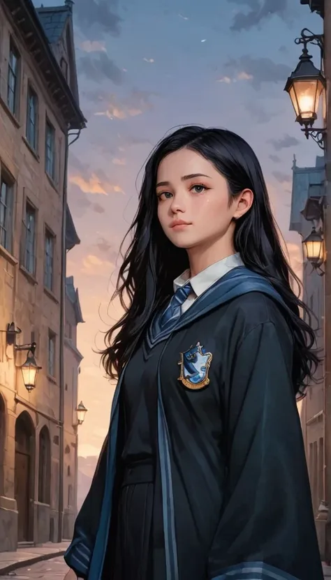 anime art, black hair、long hair, a girl in a ravenclaw uniform wearing a black robe, hogwarts, ravenclaw crest, low - angle, cal...