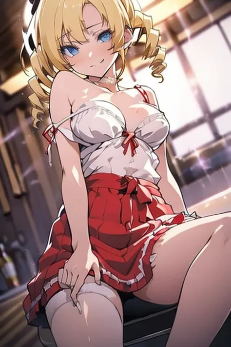  blue eyes, catherine, solo, 1girl, breasts, blonde hair, drill hair, twin drills, twintails, sitting on a red bar stool, in a bar. Wearing a white camisole with big red ribbon on the front, white frilly collar, leaning backward, cleavage, sexy face, sexy ...