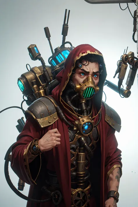 robotic male techpriest in long red robe, gas mask, mutated, scared, hunchback, artificial body, hunched, ugly, metal arms, robo...