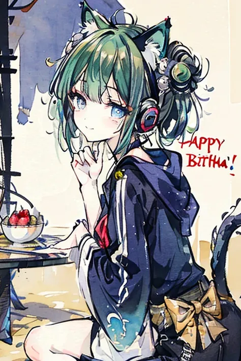 ((Highest quality)), ((masterpiece)), (detailed),Watercolor,Birthday Party,One Girl,((Green Hair,blue eyes,Short Bob,Double buns on both sides,Thin eyebrows)),break,((Cyber cat ear headphones)),break,small,cute,Makeup,（Embarrassed,smile）,（Birthday cake wit...