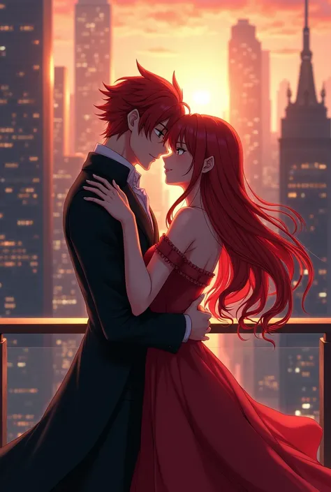 Rias Gremory and Issei Hyodo kissing each other on a Skyscraper 
