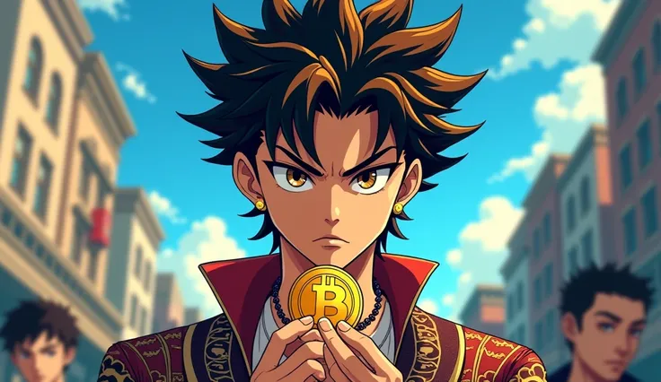 A stylized anime illustration inspired by the iconic art of JoJos Bizarre Adventure by Hirohiko Araki, featuring a young man standing in the middle of a bustling street, holding a small Bitcoin coin delicately between his fingers. The young man has a serio...