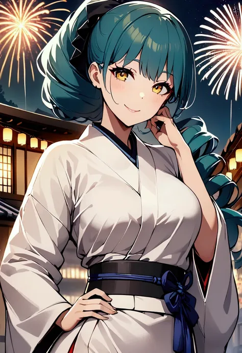 1 girl milf , solo , teal blue ponytail hair ,  yellow lihgt eyes , hot body , At a firework celebration in traditional Japanese dress on a building while fireworks are exploding in the sky, he looks at the viewer and smiles, his yellow eyes are shining.