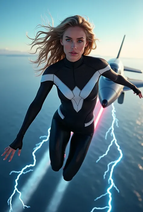 Sydney Sweeney wearing as spiderwoman wearing a black white spandex suit driving a silver jet sky in the Atlantic ocean energetic blue and red flash in the sky