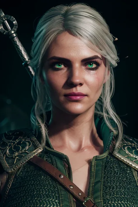 a freya allan, (((green intense eyes))), ciri the witcher 3, half portrait, hands back, in the witcher 3, (((skinny and fit body...