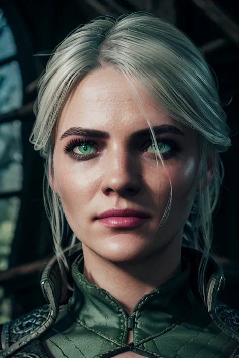 a freya allan, (((green intense eyes))), ciri the witcher 3, half portrait, hands back, in the witcher 3, (((skinny and fit body...