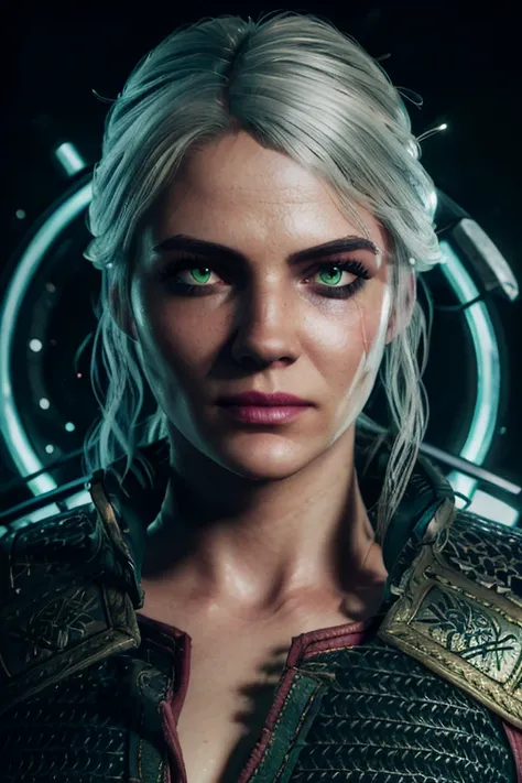 a freya allan, (((green intense eyes))), ciri the witcher 3, half portrait, hands back, in the witcher 3, (((skinny and fit body...