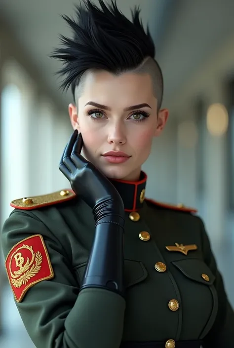 spiky bald hairstyle, short hair, white skin, long gloves, uniform military, 1girl, dark black hair, ((hair cut super short)), soft Brown eyes, smile lips, middle shot