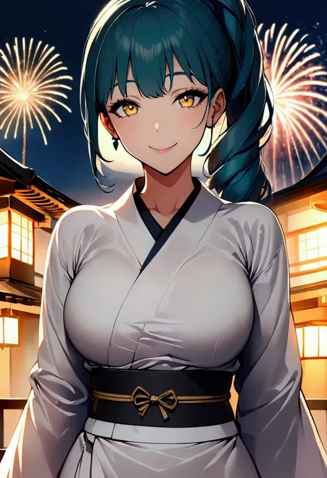 1 girl milf , solo , teal blue ponytail hair ,  yellow lihgt eyes , hot body , at a firework celebration in traditional japanese...