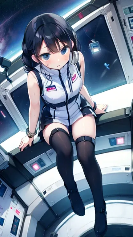 (Highest quality), (masterpiece), 1080P, High resolution, 4K, 8k, Inside the space station、Futuristic room、Thigh straps, Shooting from directly below, The woman on top of me, 白いSweat, Covered , Sweat, Woman looking down, Skirt swimsuit, Thigh-high socks, T...