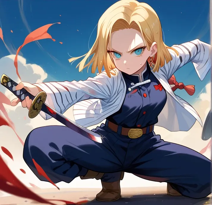 A short-haired half oni girl, Android 18 inspired, Sakura Haruno inspired, is training with serious face, perfect body, Fighting Pose, sweating all over body, wet body, wielding katana, in Demon Slayer universe at night(wears(Demon Slayer Corps uniform Bla...