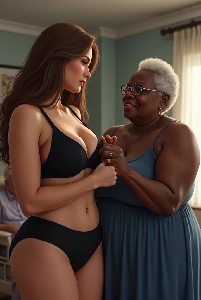 Create an image of a woman with long light brown hair, wearing black lingerie, fair-skinned and white, with beautiful slim body while her bra is being lifted by an elderly black lady, obese, lowrise, did, Black-skinned, who wears glasses and a blue dress i...