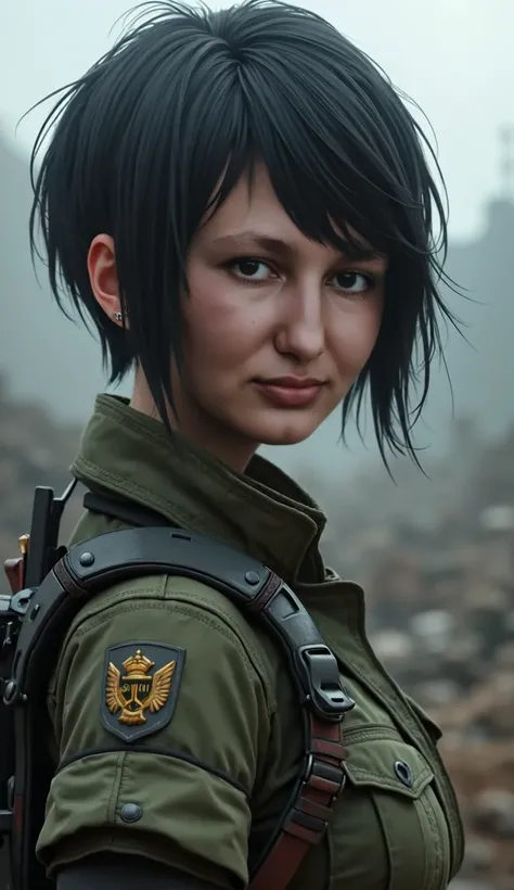 military hairstyle, short hair, white skin, shoulders long gloves, uniform military, 1girl, dark black hair, ((hair cut super short)), soft Brown eyes, smile lips, middle shot, post-apocalypses background