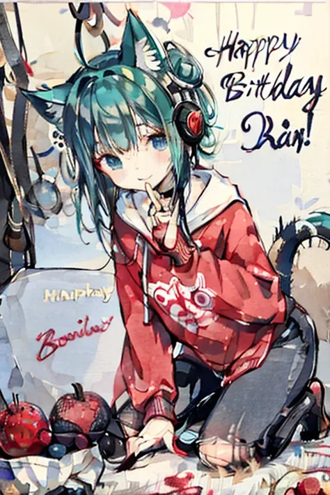 ((Highest quality)), ((masterpiece)), (detailed),Watercolor,Birthday Party,One Girl,((Green Hair,blue eyes,Short Bob,Double buns on both sides,Thin eyebrows)),break,((Cyber cat ear headphones)),break,small,cute,Makeup,（Embarrassed,smile）,（Birthday cake wit...