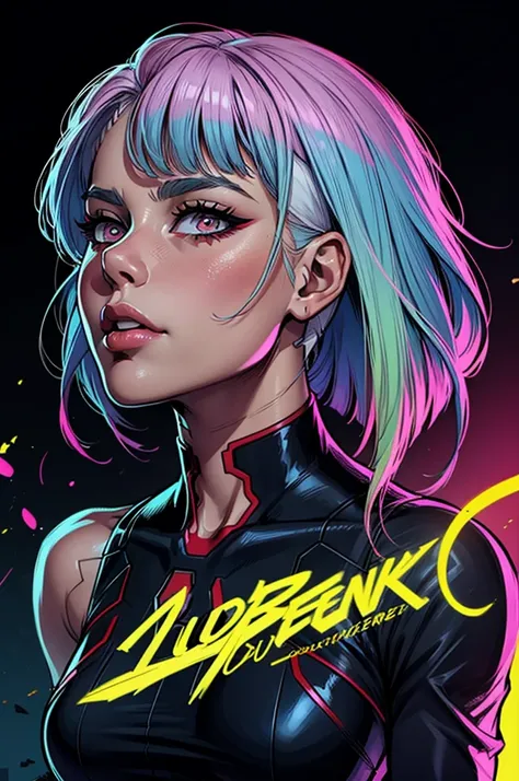 a woman with hair and a black shirt is standing in front of a neon city background, lois van baarle and rossdraws, portrait of lucy from Cyberpunk Edgerunners, artgerm and lois van baarle, rossdraws 2. 0, rossdraws 1. 0, rossdraws 2. 5, artgerm and rossdra...