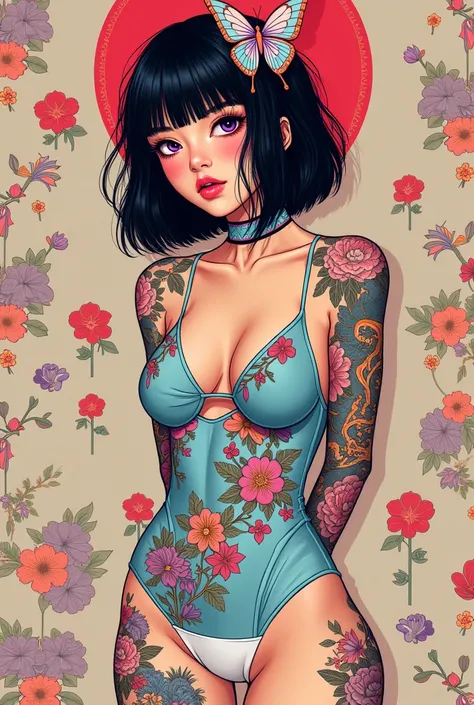 ((best quality)), ((masterpiece)), (detailed), A mesmerizing surreal illustration of a young japanese woman resembling Shinobu Kouchou. She has black hair, purple eyes, a butterfly hair ornament, and wears a vibrant pastel colored outfit adorned with intri...