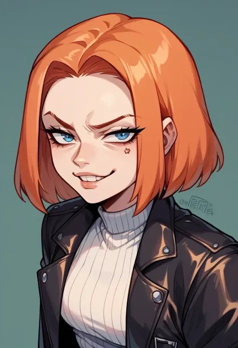 anime russian female hacker, trans girl, greedy and arrogant, smug face sexy hacker, dark leather coat, ginger hair, blue eyes