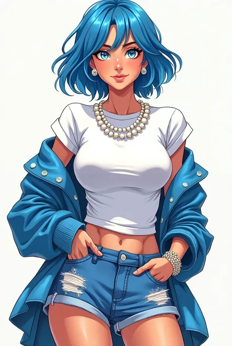 in the Human Comics style, create a full-body character, a woman who appears to be 30 years old with short blue hair and silver eyes, who has a serene look and an exciting smile. She wears a white T-shirt and a short-sleeved blue jacket with small shiny ge...