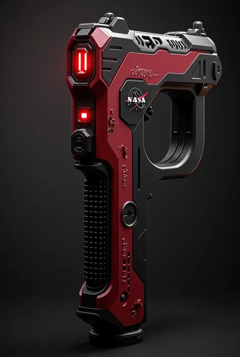 A powerful red and black weapon with red lights, writing "DELFYNS" sur larme, fully equipped, with a nasa logo