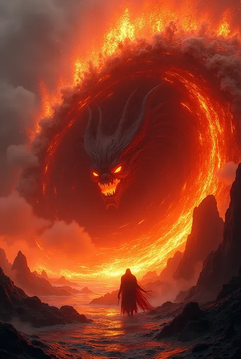 Ultra realistic ultra detailed in 4K create a realistic image, kinetic of a gigantic wave made of lava at its highest point from the front we can barely distinguish the face of an evil creature