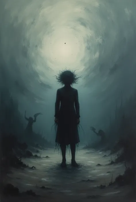 Create a haunting, surreal scene depicting depression. In the center, a solitary figure stands in an empty, desolate landscape, their face obscured to signify inner turmoil. Swirling dark shadows surround the figure, representing overwhelming thoughts. Beh...