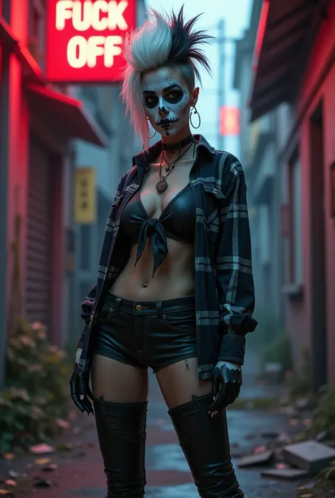 Gang member, young woman, white black mohawk, run down, has a painted black and white halloooween mask on her face, wearing old dirty checked shirt knotted in front of the chest, close hot pants, heavy leather boots, fuck off, argumentative look, gothic, c...