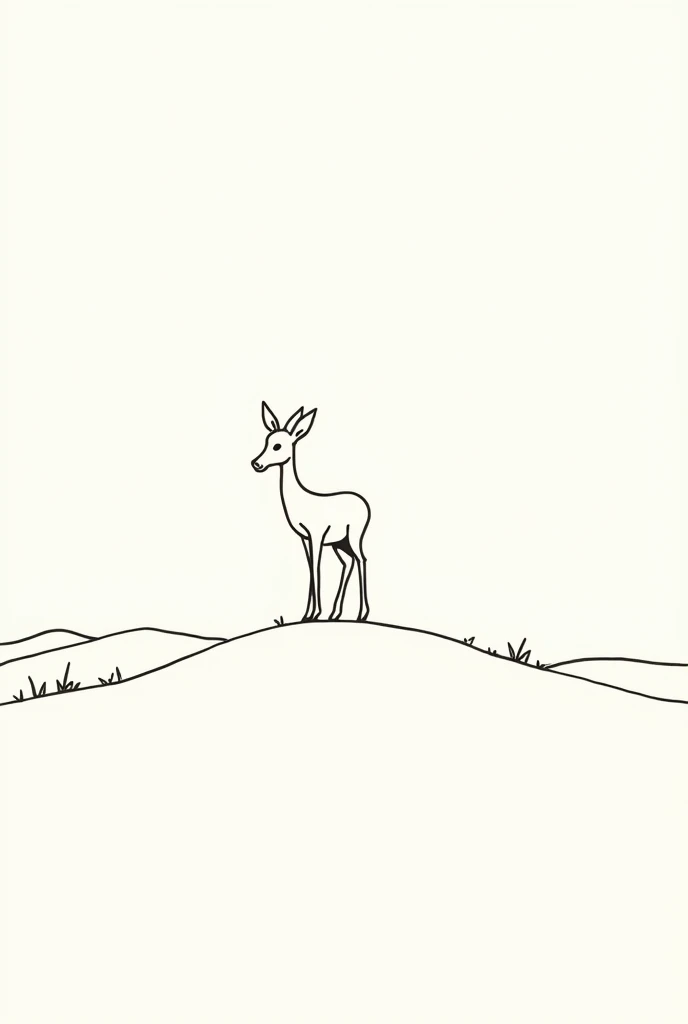 Dessin au trait dans le style du Petit Prince de St Exupéry sur fond blanc dune jeune antilope en gros plan se tenant gracieusement au sommet dune colline avec un paysage de plaines dorées et un ciel bleu en arrière-plan.