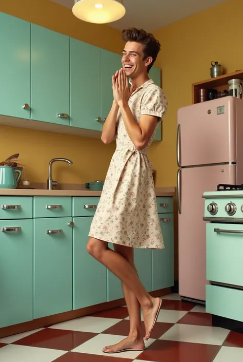 Create a 1960s style realistic poster featuring a full-body, slender man dressed as a woman standing in a kitchen, facing the viewer. His pose should be dynamic and playful, with one hand raised near his face as if whispering or calling out, and the other ...