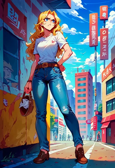 1girl, blonde hair, long hair, , long  jeans brown belt, looking at vewers, blue eyes, city, rage, standing, full body, white trainer shoses, medium breast, day, tits, bootcut jeans, Shoe Lace, niples, pale skin, nude