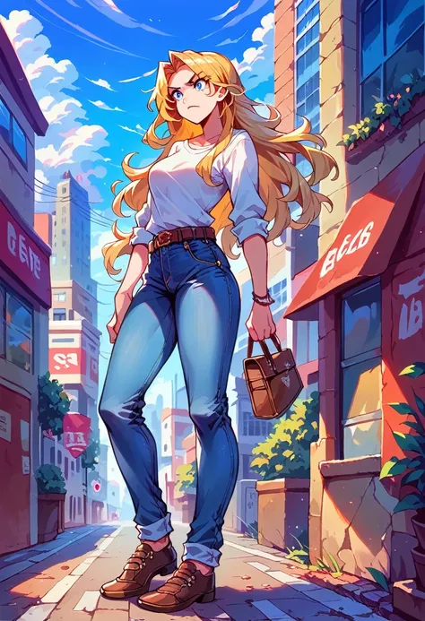 1girl, blonde hair, long hair, , long  jeans brown belt, looking at vewers, blue eyes, city, rage, standing, full body, white trainer shoses, medium breast, day, tits, bootcut jeans, Shoe Lace, niples, pale skin, nude