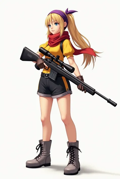 standing, serious, long blonde hair, purple headband, wearing a red scarf, yellow top with puffy sleeves, dark shorts, grey boots, holding a sniper rifle, relaxed but alert pose, smooth skin, side glance, isolated background, studio lighting, sharp focus o...