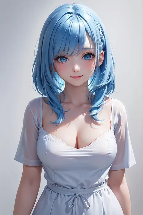 Best Quality,High resolution,8k,(plain white background, no patterns, no textures, just a plain white background:1.3),Masterpiece:1.2),beautiful girl,Big Breasts,(Shiny light blue hair:1.3),messy hair,Beautiful light blue eyes,T-Shirts,cardigan,Long skirt,...