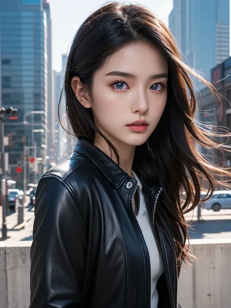 Asian girl from South Korea, blue eyes, Long hair, black hair, young, beautiful, Tez blanca, city background, textured skin, UHD, Very detailed, high quality, quality, High details, HD Model, The best quality, leather jacket, Skinny body, small nose, volup...