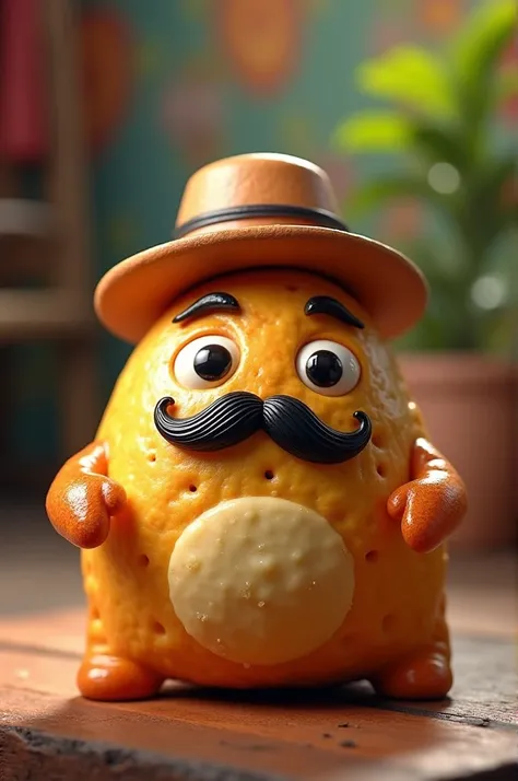 A Venezuelan empanada with a mustache and a little hat 
