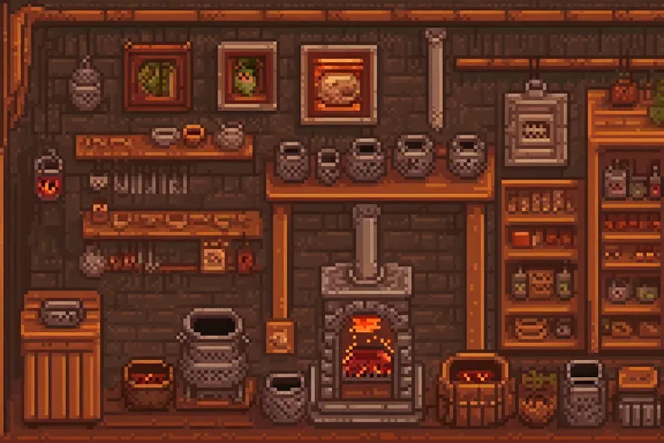 pixelart cartoon jrpg, a traditional Russian peasant izba with a typical stove, wooden interior, cozy lighting, warm colors, detailed textures, masterpiece, 8k, hyperdetailed