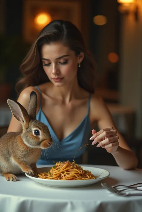 elegant woman wearing a discreet blue dress eating pasta while a rabbit attacks her 8K