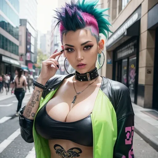 top-quality、8K、32K、​masterpiece、nffsw:1.3)、(Photorealsitic:1.4),2 punk girl,Punk mohawk hair,accentuated super huge enormously gigantic tits,cleavage showing,tattoo sleeves and piercings,Harajuku-inspired hip-hop punk fashion,A neon green-haired,Street gra...