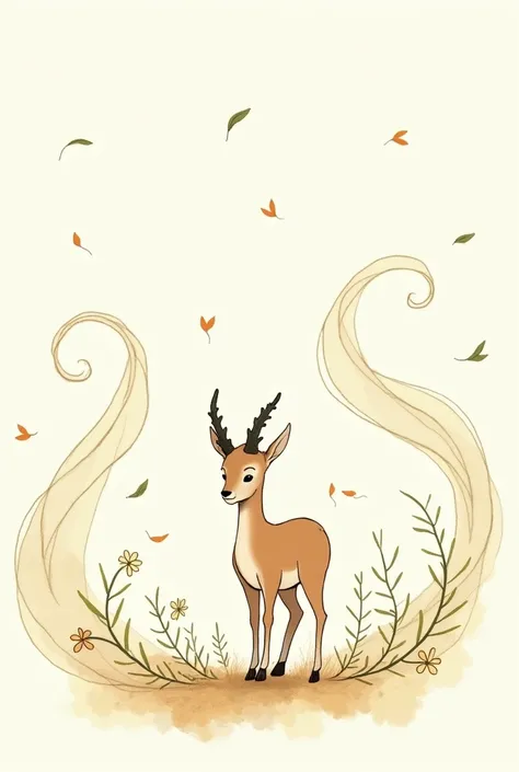 Dessin au trait dans le style du Petit Prince de St Exupéry  Une représentation du Vent sous forme de douces vagues dair, entourant une jeune antilope, avec des feuilles et des fleurs flottant autour de lanimal.