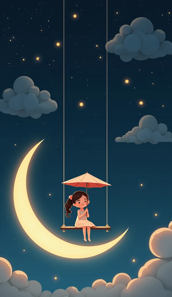 A sweet girl with a circle-shaped head and a body made of an elegant, rectangular dress sits on a swing suspended from a glowing crescent moon. Her umbrella, a fan-like triangle with tiny star patterns, twirls slightly as she swings. The background feature...