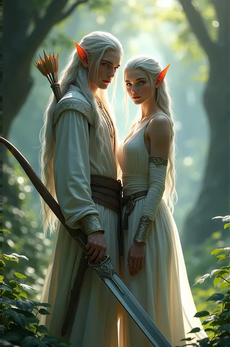 A elf in the forest male and woman, with pale skin, silver and braided hair, ice blue eyes, a long sword in his hand and a bow and arrows on his waist.Creat a wallpaper. 8k, Ultra-detailed face, Detailed eyes, slim body, beautiful figure, magnificent anato...